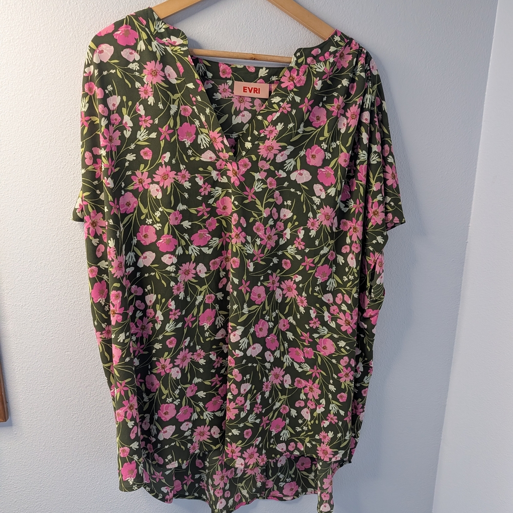 EVRI Olive Green Pink Floral Short Sleeve Blouse‎ | Plus Size 3X